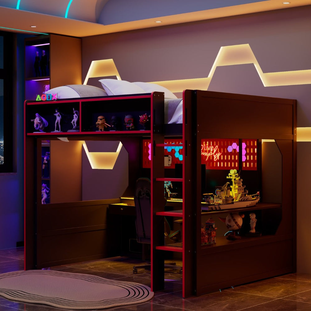 English Elm Full Size Gaming Loft Bed with LED Lighting Desk Charging Station and Pinewood Frame Black+Red LT000406AAJ