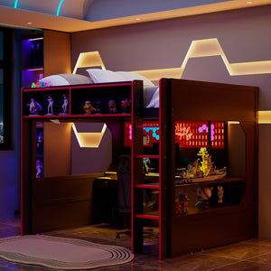 English Elm Full Size Gaming Loft Bed with LED Lighting Desk Charging Station and Pinewood Frame Black+Red LT000406AAJ