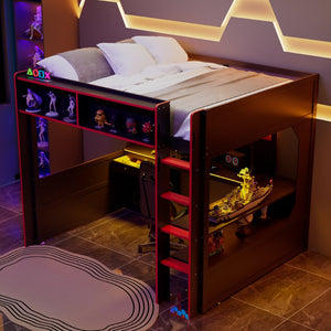 English Elm Full Size Gaming Loft Bed with LED Lighting Desk Charging Station and Pinewood Frame Black+Red LT000406AAJ