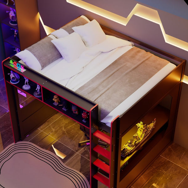 English Elm Full Size Gaming Loft Bed with LED Lighting Desk Charging Station and Pinewood Frame Black+Red LT000406AAJ
