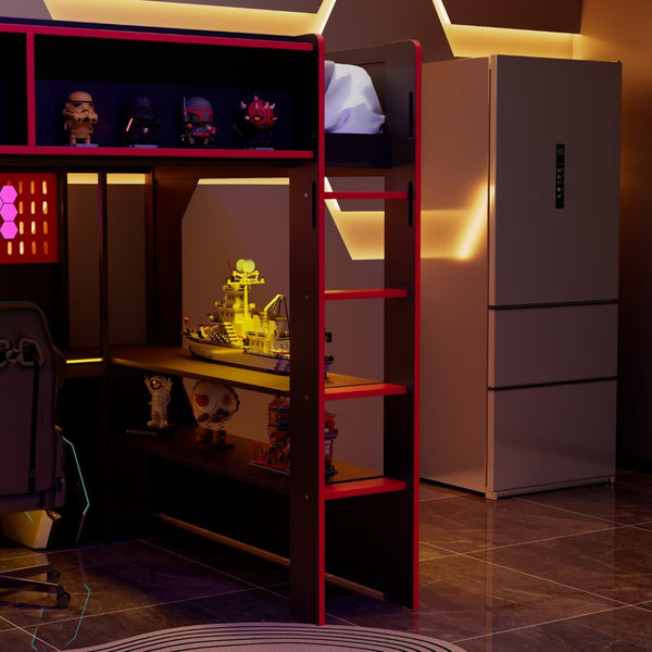 English Elm Full Size Gaming Loft Bed with LED Lighting Desk Charging Station and Pinewood Frame Black+Red LT000406AAJ