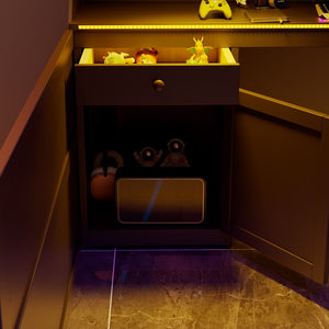 English Elm Full Size Gaming Loft Bed with LED Lighting Desk Charging Station and Pinewood Frame Black+Red LT000406AAJ
