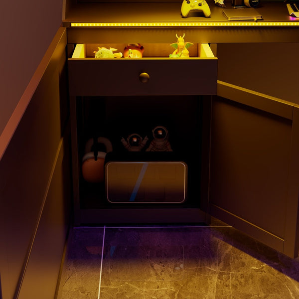 English Elm Full Size Gaming Loft Bed with LED Lighting Desk Charging Station and Pinewood Frame Black+Red LT000406AAJ