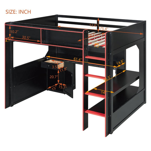 English Elm Full Size Gaming Loft Bed with LED Lighting Desk Charging Station and Pinewood Frame Black+Red LT000406AAJ