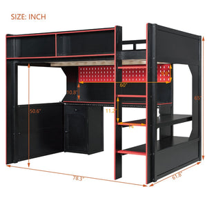 English Elm Full Size Gaming Loft Bed with LED Lighting Desk Charging Station and Pinewood Frame Black+Red LT000406AAJ