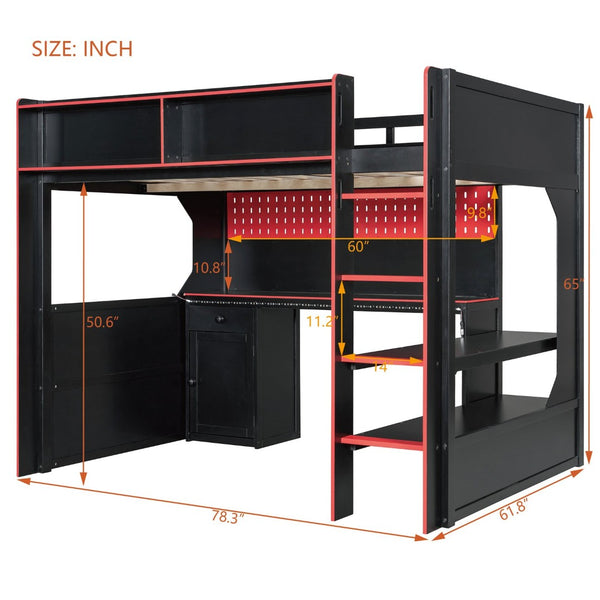 English Elm Full Size Gaming Loft Bed with LED Lighting Desk Charging Station and Pinewood Frame Black+Red LT000406AAJ