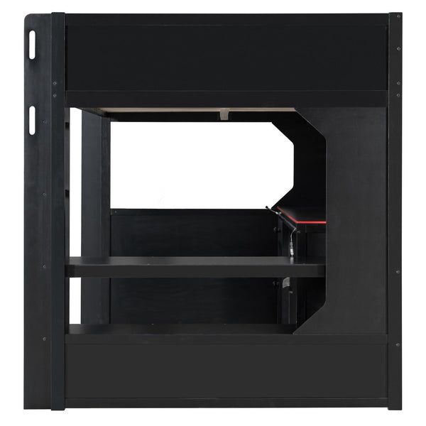 English Elm Full Size Gaming Loft Bed with LED Lighting Desk Charging Station and Pinewood Frame Black+Red LT000406AAJ