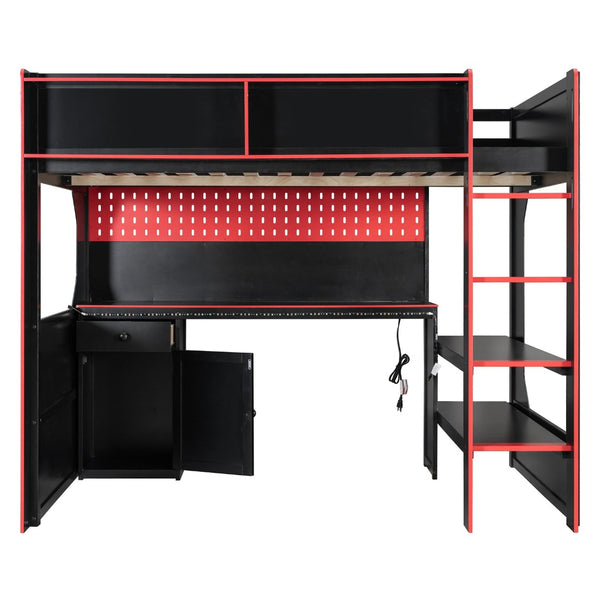 English Elm Full Size Gaming Loft Bed with LED Lighting Desk Charging Station and Pinewood Frame Black+Red LT000406AAJ