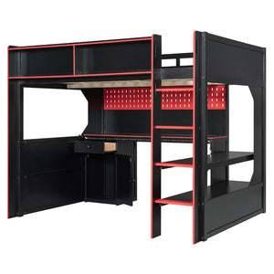 English Elm Full Size Gaming Loft Bed with LED Lighting Desk Charging Station and Pinewood Frame Black+Red LT000406AAJ