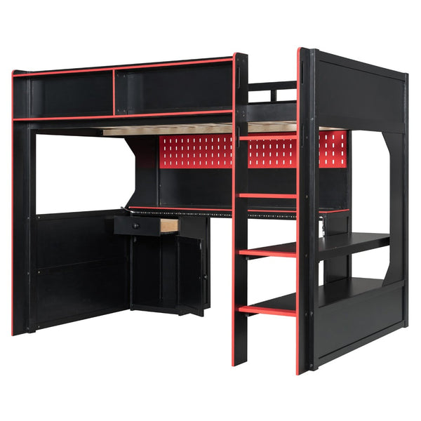 English Elm Full Size Gaming Loft Bed with LED Lighting Desk Charging Station and Pinewood Frame Black+Red LT000406AAJ