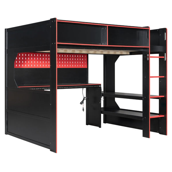 English Elm Full Size Gaming Loft Bed with LED Lighting Desk Charging Station and Pinewood Frame Black+Red LT000406AAJ