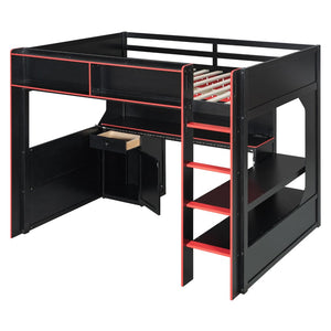 English Elm Full Size Gaming Loft Bed with LED Lighting Desk Charging Station and Pinewood Frame Black+Red LT000406AAJ
