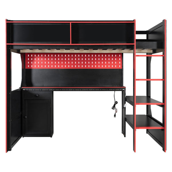 English Elm Full Size Gaming Loft Bed with LED Lighting Desk Charging Station and Pinewood Frame Black+Red LT000406AAJ