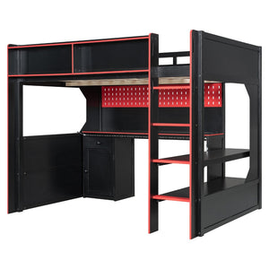 English Elm Full Size Gaming Loft Bed with LED Lighting Desk Charging Station and Pinewood Frame Black+Red LT000406AAJ