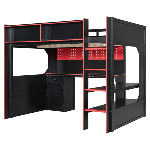 English Elm Full Size Gaming Loft Bed with LED Lighting Desk Charging Station and Pinewood Frame Black+Red LT000406AAJ