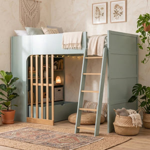 English Elm Twin High Sleeper Loft Bed with Built-In Shelves Oak Accents and Under Drawer Mint Green LT000432AAF
