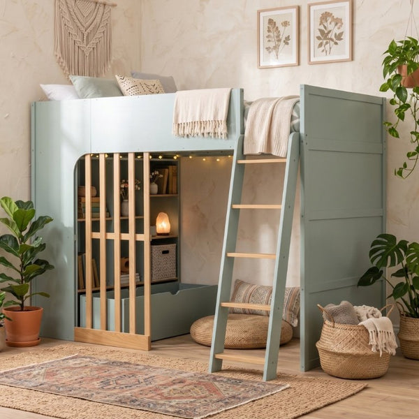 English Elm Twin High Sleeper Loft Bed with Built-In Shelves Oak Accents and Under Drawer Mint Green LT000432AAF
