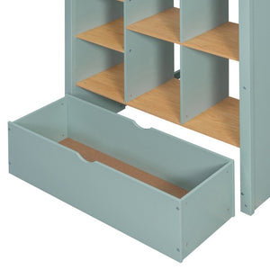 English Elm Twin High Sleeper Loft Bed with Built-In Shelves Oak Accents and Under Drawer Mint Green LT000432AAF