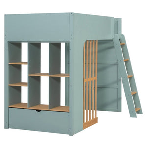 English Elm Twin High Sleeper Loft Bed with Built-In Shelves Oak Accents and Under Drawer Mint Green LT000432AAF