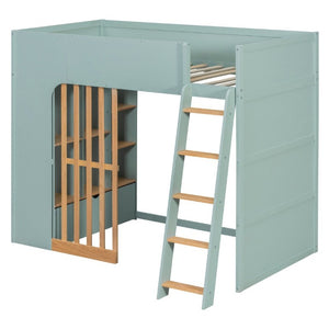 English Elm Twin High Sleeper Loft Bed with Built-In Shelves Oak Accents and Under Drawer Mint Green LT000432AAF