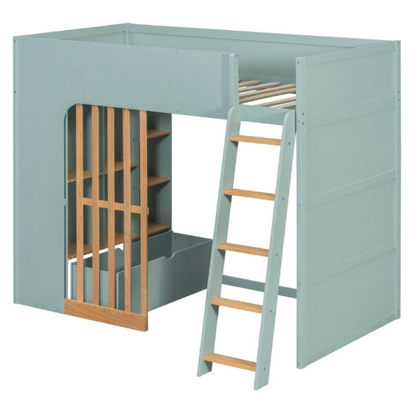 English Elm Twin High Sleeper Loft Bed with Built-In Shelves Oak Accents and Under Drawer Mint Green LT000432AAF
