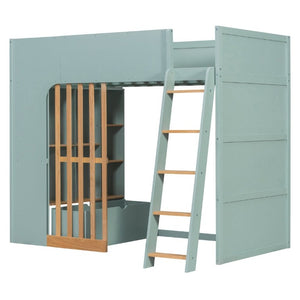 English Elm Twin High Sleeper Loft Bed with Built-In Shelves Oak Accents and Under Drawer Mint Green LT000432AAF