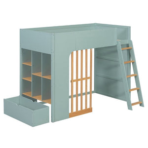 English Elm Twin High Sleeper Loft Bed with Built-In Shelves Oak Accents and Under Drawer Mint Green LT000432AAF