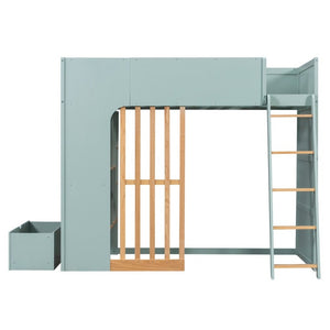 English Elm Twin High Sleeper Loft Bed with Built-In Shelves Oak Accents and Under Drawer Mint Green LT000432AAF
