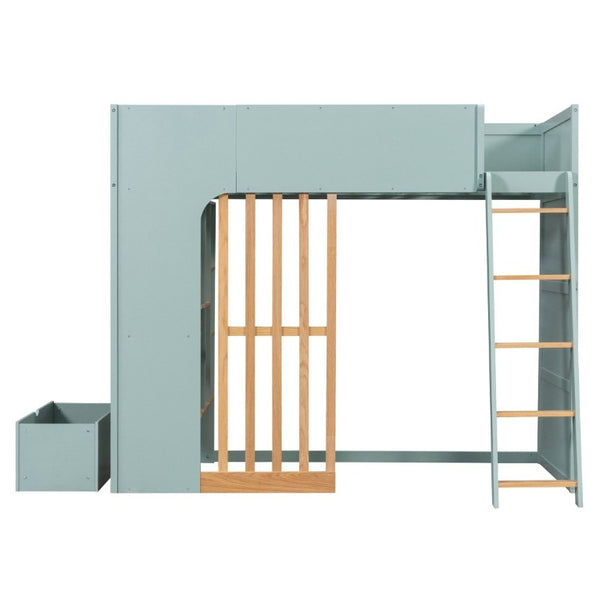 English Elm Twin High Sleeper Loft Bed with Built-In Shelves Oak Accents and Under Drawer Mint Green LT000432AAF