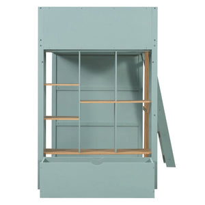 English Elm Twin High Sleeper Loft Bed with Built-In Shelves Oak Accents and Under Drawer Mint Green LT000432AAF