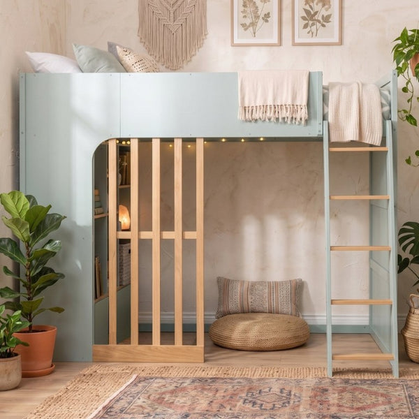 English Elm Twin High Sleeper Loft Bed with Built-In Shelves Oak Accents and Under Drawer Mint Green LT000432AAF