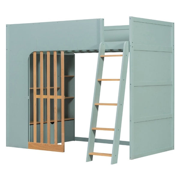 English Elm Twin High Sleeper Loft Bed with Built-In Shelves Oak Accents and Under Drawer Mint Green LT000432AAF