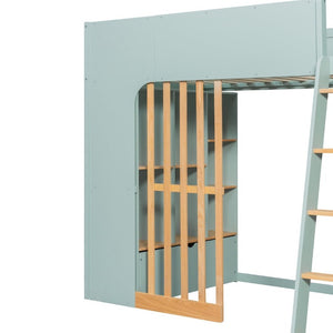 English Elm Twin High Sleeper Loft Bed with Built-In Shelves Oak Accents and Under Drawer Mint Green LT000432AAF