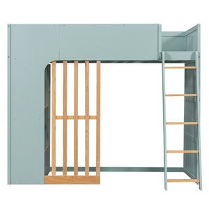 English Elm Twin High Sleeper Loft Bed with Built-In Shelves Oak Accents and Under Drawer Mint Green LT000432AAF