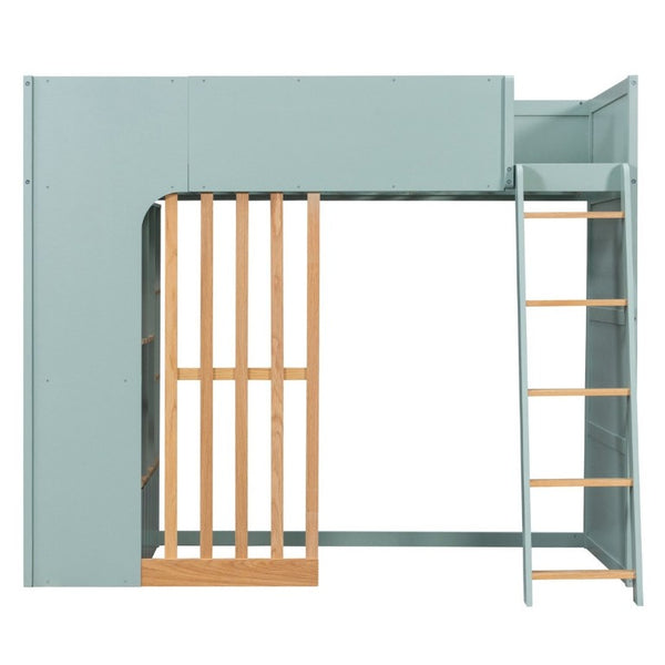 English Elm Twin High Sleeper Loft Bed with Built-In Shelves Oak Accents and Under Drawer Mint Green LT000432AAF