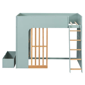 English Elm Twin High Sleeper Loft Bed with Built-In Shelves Oak Accents and Under Drawer Mint Green LT000432AAF