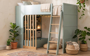 English Elm Twin High Sleeper Loft Bed with Built-In Shelves Oak Accents and Under Drawer Mint Green LT000432AAF