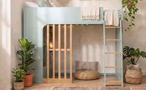 English Elm Twin High Sleeper Loft Bed with Built-In Shelves Oak Accents and Under Drawer Mint Green LT000432AAF