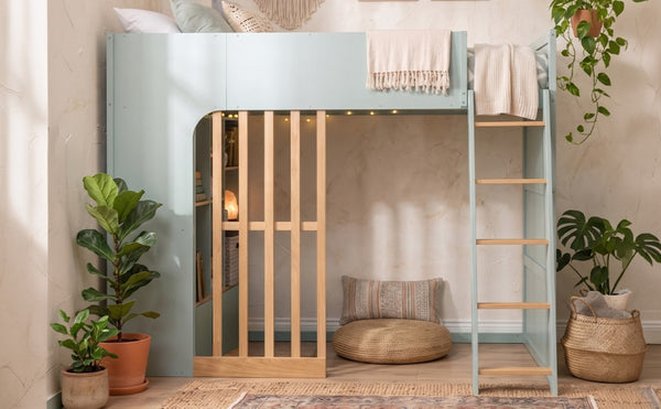 English Elm Twin High Sleeper Loft Bed with Built-In Shelves Oak Accents and Under Drawer Mint Green LT000432AAF