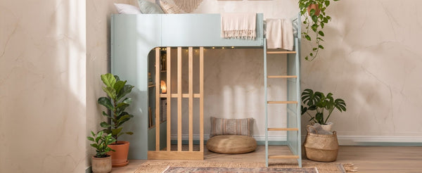 English Elm Twin High Sleeper Loft Bed with Built-In Shelves Oak Accents and Under Drawer Mint Green LT000432AAF