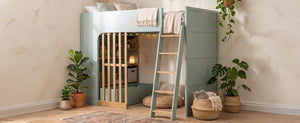 English Elm Twin High Sleeper Loft Bed with Built-In Shelves Oak Accents and Under Drawer Mint Green LT000432AAF