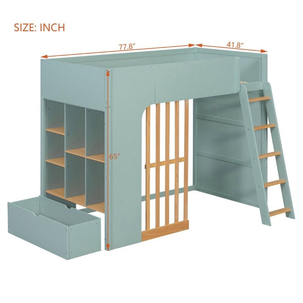 English Elm Twin High Sleeper Loft Bed with Built-In Shelves Oak Accents and Under Drawer Mint Green LT000432AAF