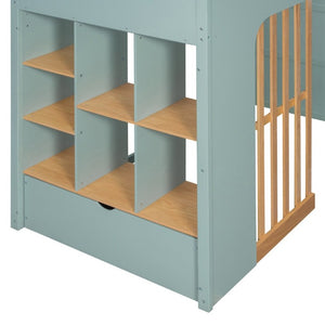 English Elm Twin High Sleeper Loft Bed with Built-In Shelves Oak Accents and Under Drawer Mint Green LT000432AAF