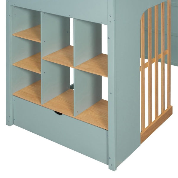 English Elm Twin High Sleeper Loft Bed with Built-In Shelves Oak Accents and Under Drawer Mint Green LT000432AAF