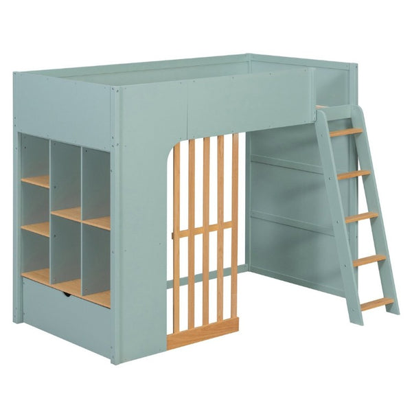 English Elm Twin High Sleeper Loft Bed with Built-In Shelves Oak Accents and Under Drawer Mint Green LT000432AAF