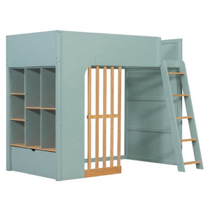 English Elm Twin High Sleeper Loft Bed with Built-In Shelves Oak Accents and Under Drawer Mint Green LT000432AAF