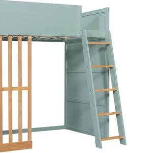 English Elm Twin High Sleeper Loft Bed with Built-In Shelves Oak Accents and Under Drawer Mint Green LT000432AAF