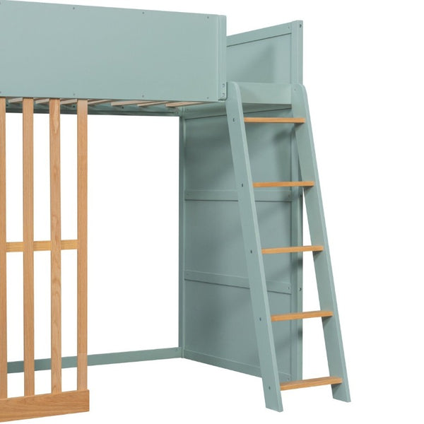 English Elm Twin High Sleeper Loft Bed with Built-In Shelves Oak Accents and Under Drawer Mint Green LT000432AAF