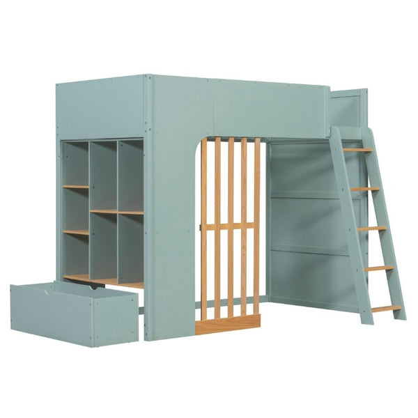 English Elm Twin High Sleeper Loft Bed with Built-In Shelves Oak Accents and Under Drawer Mint Green LT000432AAF