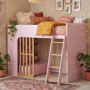 English Elm Twin High Sleeper Loft Bed with Built-In Shelves Oak Accents and Under Drawer Pink LT000432AAH